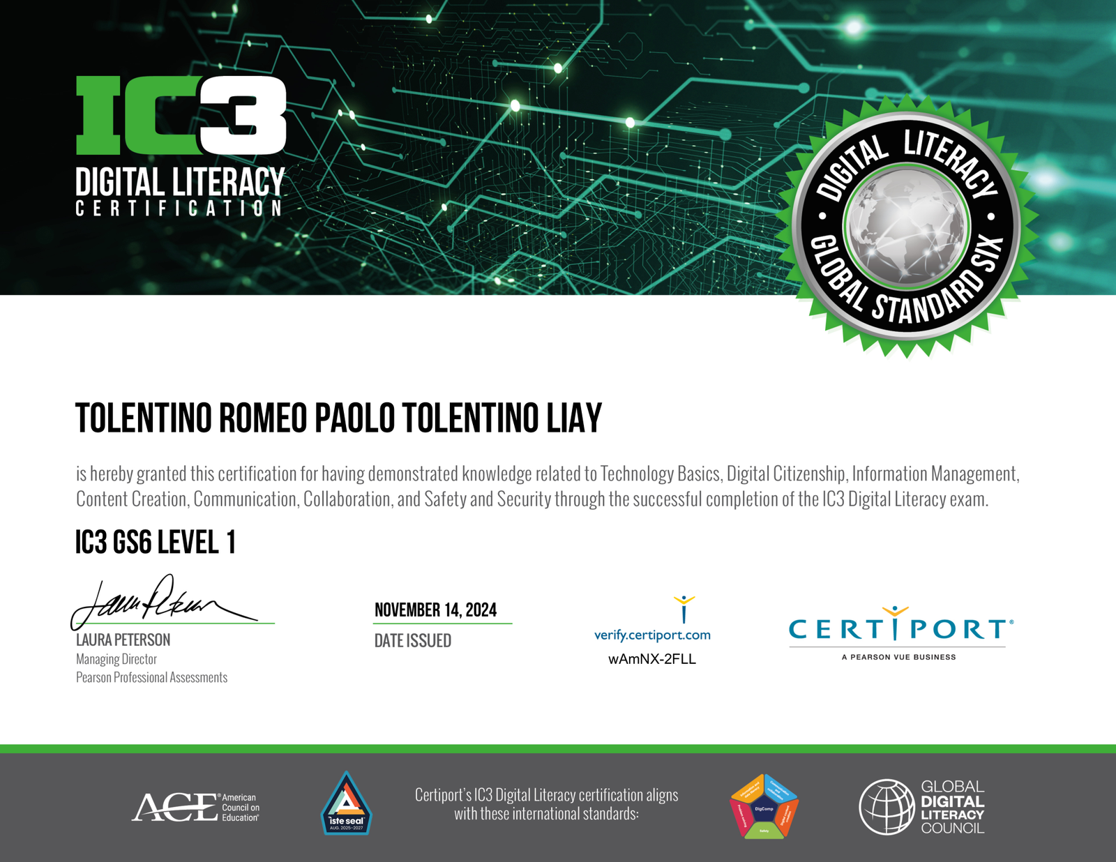 IC3 Digital Literacy Certification - Global Standard Six Level 1 Certificate